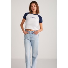 Grimelange ETHIQUET VANE Kadın %100 Pamuk Kısa Kollu Baskılı Crop Beyaz/Navy T-Shirt