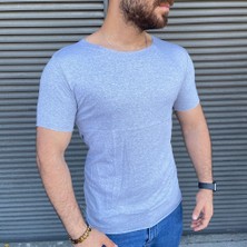 Açık Yaka Basic Tişört Açık Gri