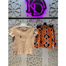 Kelebek Işlemeli Kol Detaylı Tişört Renkli Fırfır Etek Kız Çocuk Alt Üst Takım