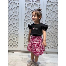 Kelebek Işlemeli Kol Detaylı Tişört Renkli Fırfır Etek Kız Çocuk Alt Üst Takım