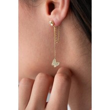 925 Ayar Gümüş Gold Kaplama 5 mm Tektaş Sallantılı Zincir Zirkon Taşlı Kelebek Küpe