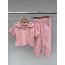 %100 Pamuklu Kız Çocuk Gabardin Işlemeli Gömlek & Jogger Pantolon Takım
