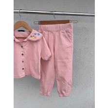 %100 Pamuklu Kız Çocuk Gabardin Işlemeli Gömlek & Jogger Pantolon Takım