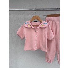 %100 Pamuklu Kız Çocuk Gabardin Işlemeli Gömlek & Jogger Pantolon Takım