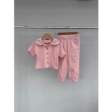 %100 Pamuklu Kız Çocuk Gabardin Işlemeli Gömlek & Jogger Pantolon Takım