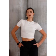 Kadın Ekru Bisiklet Yaka Crop T-Shirt - 169