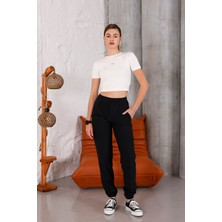 Kadın Ekru Bisiklet Yaka Crop T-Shirt - 169