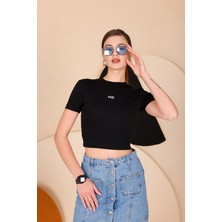 Kadın Siyah Bisiklet Yaka Crop T-Shirt - 169