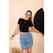 Kadın Siyah Bisiklet Yaka Crop T-Shirt - 169