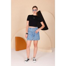 Kadın Siyah Bisiklet Yaka Crop T-Shirt - 169