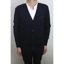 Santa Fistan Store Erkek Lacivert Düz Klasik Kesim Rahat Kalıp V-Yaka Düğme Kapamalı Kışlık Yünlü Hırka