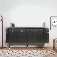 Maya Siyah Gümüş Lüks Konsol 4 Kapaklı Şerit Detaylı Metal Ayaklı Tasarım 180x45x84 Cm