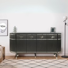 Maya Siyah Gümüş Lüks Konsol 4 Kapaklı Şerit Detaylı Metal Ayaklı Tasarım 180x45x84 Cm