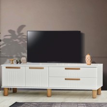 Dia Tv Sehpası 2 Kapaklı Ve 2 Çekmeceli Tasarım Beyaz Krem - 160x35x52 Cm