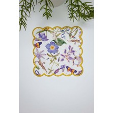 Lila Çiçekler ve Kelebekler Tasarımlı Sarı Nakış Kenar Kumaş Kokteyl Peçetesi 1 Adet