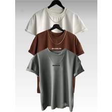 Yeni Sezon Brooklyn Baskılı 3’lü Paket Oversize Tshirt Beyaz-Kahve-Gri