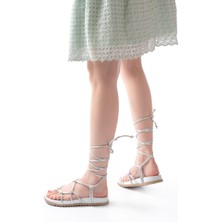 1001-1001 Beyaz Gümüş  Bilekten Bağcıklı Kadın Sandalet