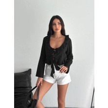 Keten Uzun Kol Bağacık Detaylı Bluz - Siyah