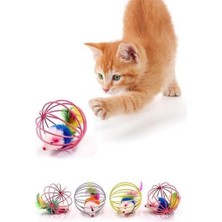 Buffer® Renkli Metal Kafesli Peluş Fareli Kedi Köpek Oyuncağı Oyun Topu 6 cm