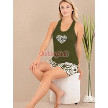 Siyah - Beyaz Renk ve Desenli Lady 7727 Pamuk Viskon Likralı Askılı V Yakalı Şortlu Pijama Takımı