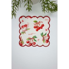 Sulu Boya Kiraz ve Yazı Desenli Nakış Kenar Kumaş Kokteyl Peçetesi 1 Adet