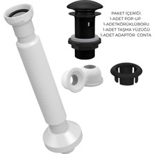 Mat Siyah Pop-Up Lavabo Gider Seti | Porselen Başlık + Körüklü Boru + Taşma Yüzüğü + Adaptör Conta