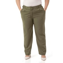 Büyük Beden Önü Pileli Cepli Kemerli Haki Pantolon