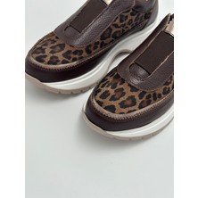 Kadın Kahve Hakiki Deri Leopar Sneaker
