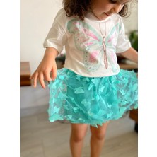 Kız Çocuk Simli Kelebek Baskılı Beli Lastikli Eteği Astarlı Pamuklu Kumaş Yeşil Renk Alt Üst Etekli Takım