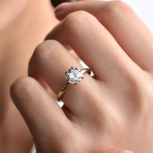 14 Ayar Altın Kaplama Tırnaklı Tektaş Gümüş Yüzük - RS00100