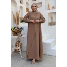 Çapraz Parça Görünümlü Incili Büyük Beden Elbise 3879-1 Vizon