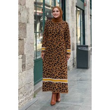 Şerit Detaylı Leopar Desenli Triko Elbise 18200 Taba-Siyah