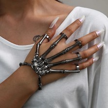 Siyah Gotik Punk Kafatası Bilezik Açık Parmak Yüzük Erkekler Kadınlar Için Esneklik Ayarlanabilir Iskelet Bilezik Bilezik Çift Takı (Yurt Dışından)