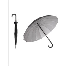 Bay Bayan Büyük 16 Telli Dışı Siyah Içi Gümüş Baston Şemsiye