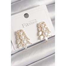 Pirinç Gold Renk Zirkon Taşlı Yaprak Model Inci Detay Kadın Küpe