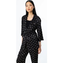 Ekol Kadın Beli Bağcıklı Desenli Ceket 4242 Siyah