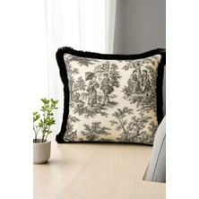 Siyah Püsküllü Fransız Köylüler Baskılı Keten Kırlent Kılıfı