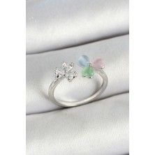 Pirinç Kalp Figürlü Zirkon Taşlı Gümüş Renk Ayarlanabilir Kadın Yüzük