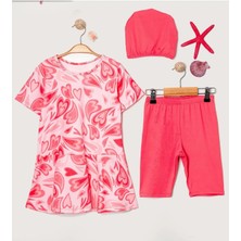 Kız Çocuk Üst , Bone , Tayt 3 Parça Ebru Kalpli Tesettür Deniz Havuz Mayo Takımı