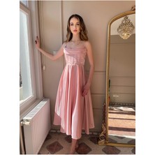 Organze Saten Midi Boy Askılı Elbise
