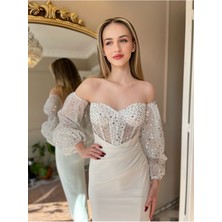 Göğüs ve Kol Kısmı Pul Detay Balon Kol Midi Elbise