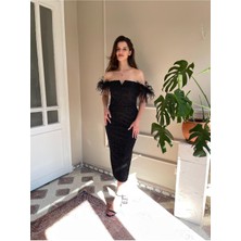 Otrişli Düşük Kol Boncuk Işlemeli Midi  Abiye Elbise