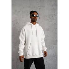 Erkek Düz Kapüşonlu Sweat - Beyaz