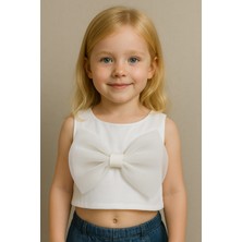 Kız Çocuk Pamuklu Beyaz Kurdele Detaylı Crop T-Shirt
