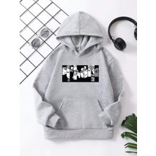 Çocuk Unisex Kapüşonlu Koyu Anime Baskılı Sweatshirt - Gri