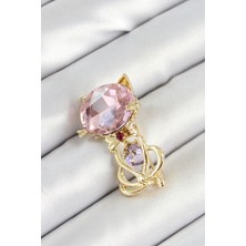 Pembe Zirkon Taşlı Kap Detaylı Kedi Figürlü Gold Renk Kadın Broş