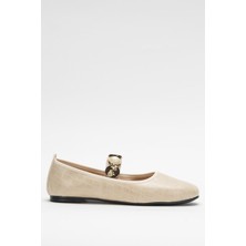 Kadın Oval Burun Aksesuar Bantlı Babet Ayakkabı  Krem