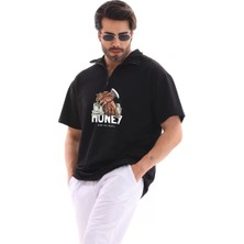 Unisex Yarım Fermuarlı Oversize Baskılı T-Shirt - Siyah