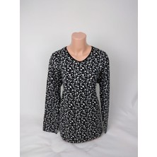 Kadın Siyah Beyaz U Yaka Uzun Kollu Desenli Yırtmaçlı Dokuma Viskon Anne Penye Tişört