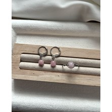 Pembe Opal Taşı Çelik Yüzük Küpe Seti